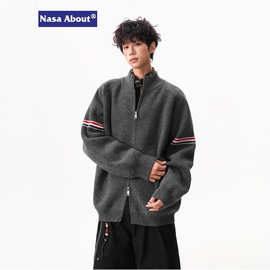 NASA美式复古针织开衫男女秋冬潮牌宽松撞色毛衣外搭拉链休闲外套
