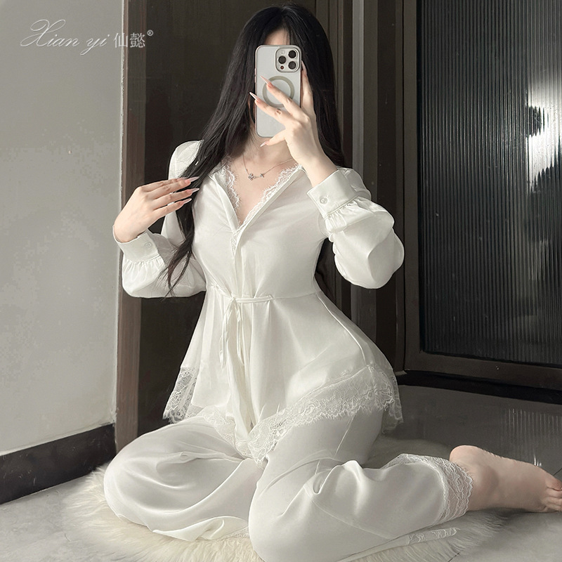 Xianyi Sexy Pajamas for Women Autumn Pure Lust Style High-End Lace Long-Sleeved Shirt Women's Home Wear Suit Large Size 795