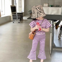 Women's New Striped Short-Sleeve T-Shirt and Relaxed Bell-Bottom Pants Set 2024 Korean Style Trendy Summer Two-Piece Set