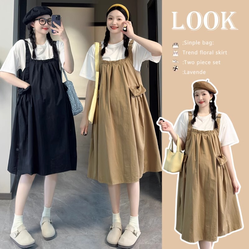 Plus Size Maternity Summer Dress 2025 Korean Style Fashionable Loose Belly-Covering Slimming Look Suspender Skirt Suit