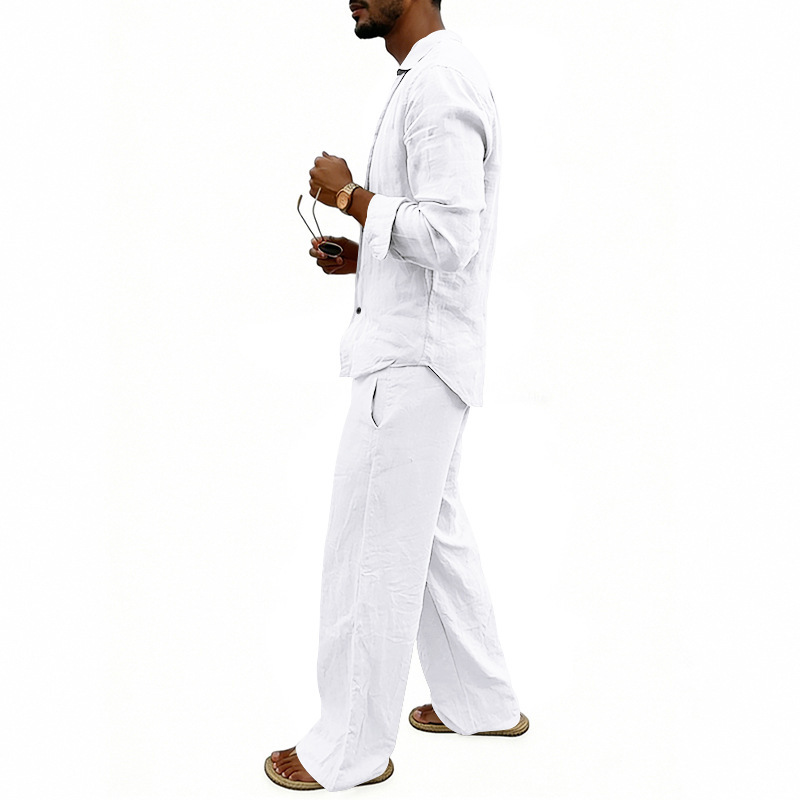 Herren Leinen Freizeithemd Und Hose Set Langarm Anzug_voghion.com