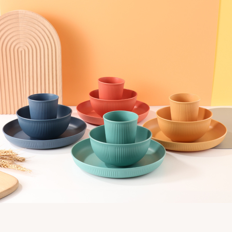 Wheat Straw Home Striped Salad Plate Soup Bowl Water Cup Office Worker Rice Bowl Bone Plate Bowl Dish Plate Set Tableware