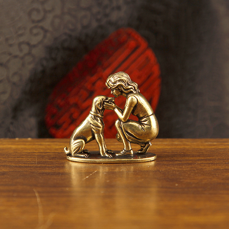 New cross-border best-selling girl and dog ornament, creative figure brass model ornament, desktop decoration, copper craft New cross-border best-selling girl and dog ornament, creative figure brass model ornament, desktop decoration, copper craft