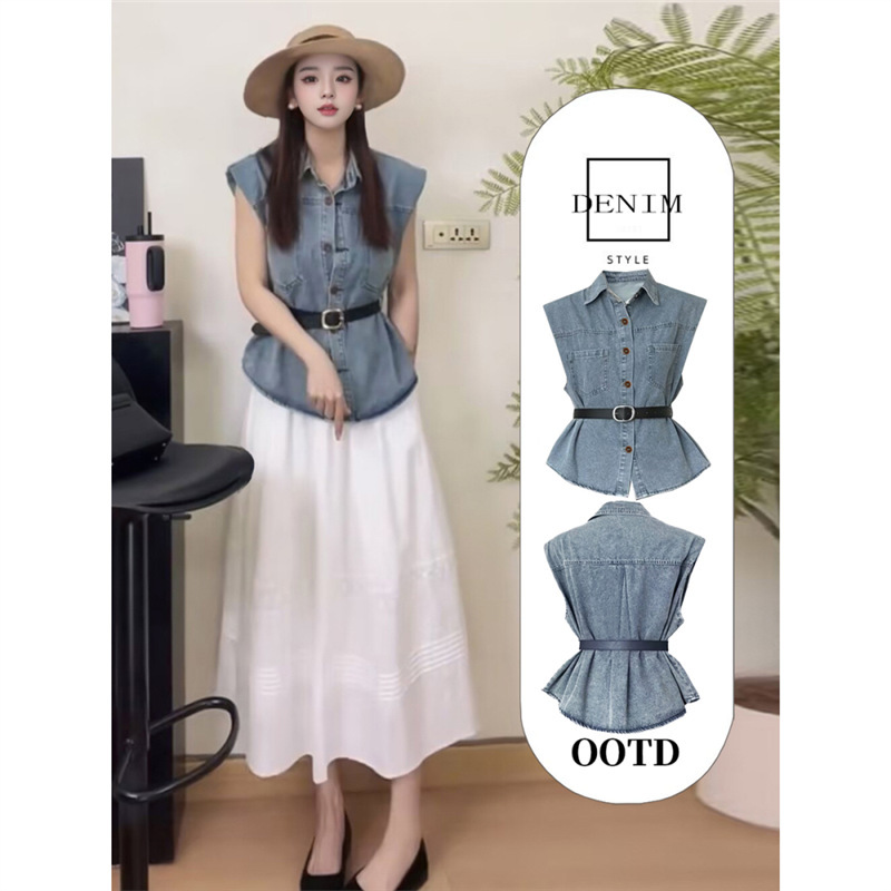 Women's Summer Thin Denim Vest, Stylish and Fashionable, Waist-Cinching, Slimming, Sleeveless, Vest, Shirt Top
