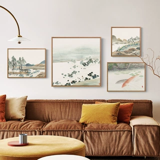 齐白石二十四景藕池观鱼新中式山水画沙发背景墙客厅挂画装饰画