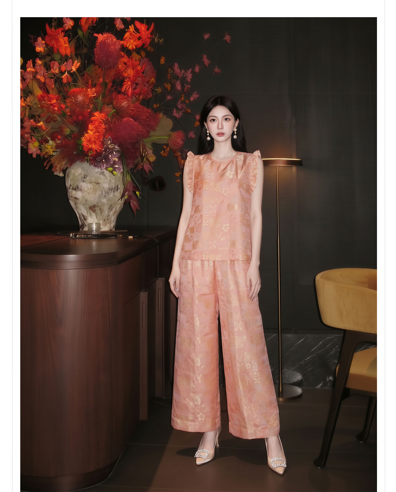 Bộ đồ nữ mùa hè phong cách tân trung hoa áo tay lửng phối quần ống rộng họa tiết jacquard — Trang chủ, bộ đồ, Quần dài chi tiết 2