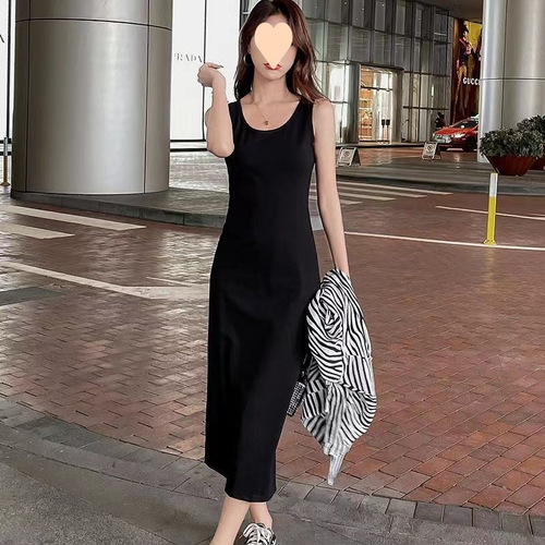 Black Tank Top Sheath Dress, Slimming Body, 2025 Spring Medium Length Top-Tease Basic Dress, Stylish