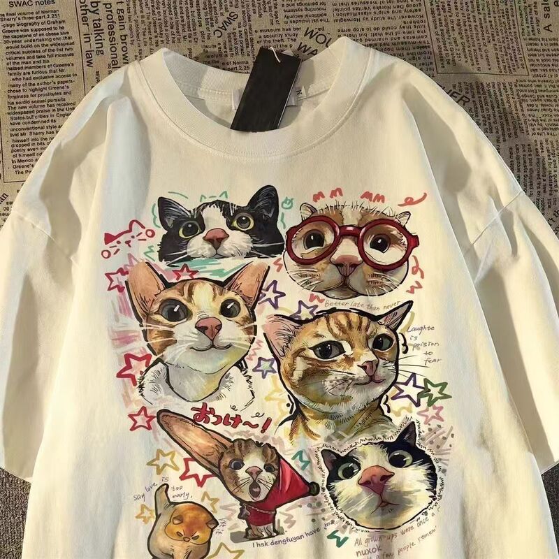 American-Style Healing Cartoon Cat Print Short-Sleeve T-Shirt for Men and Women, Loose Fit, Summer Street Fashion Brand Half-Sleeve Top