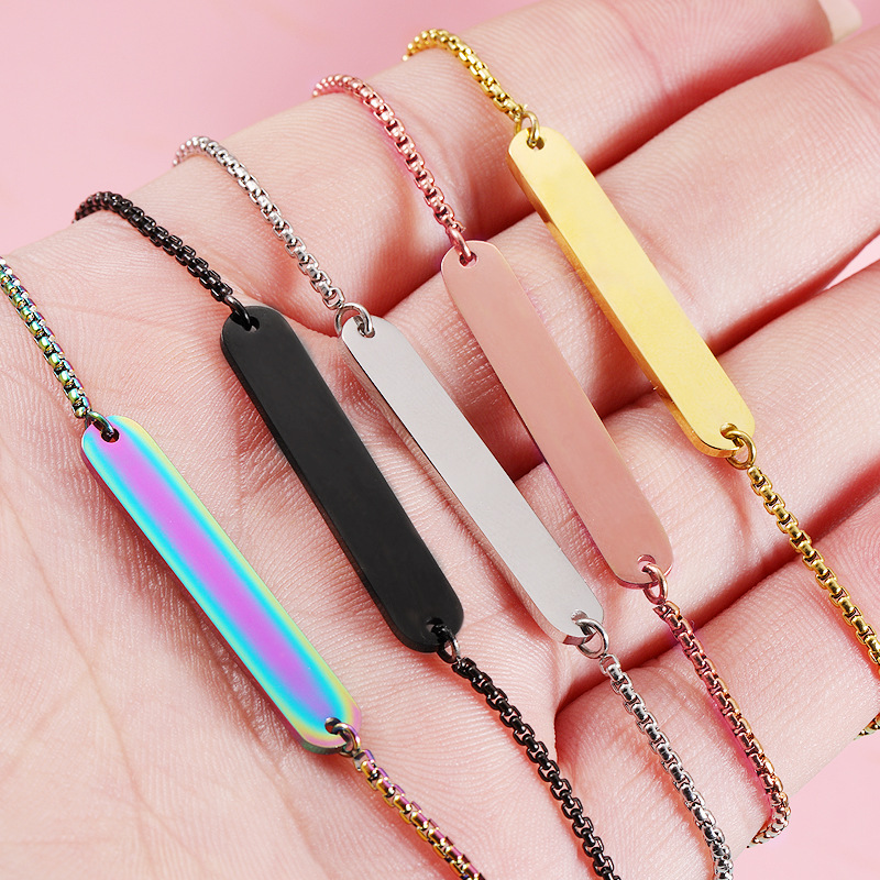 欧美镜面不锈钢椭圆长条吊坠手链女可调节盒子链情侣百搭饰品配件