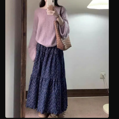 韩系温柔穿搭一整套女2025秋冬针织开衫毛衣碎花半身裙两件套装女