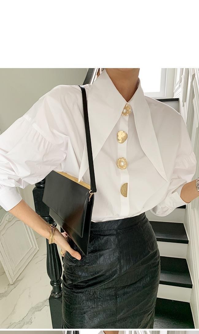 Pointed Collar Blouse for Women White Shirt with Abstract Print Office-to-Date A-Line Top Single Button Closure XS-3XL_voghion.com