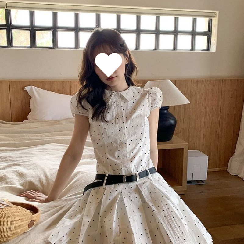 French-Style Polka Dot Puff Sleeve Waist-Cinching Ruched Dress for Women, Niche Summer Affordable Turn-Down Collar Elegant A-Line Short Dress French-Style Polka Dot Puff Sleeve Waist-Cinching Ruched Dress for Women, Niche Summer Affordable Turn-Down Collar Elegant A-Line Short Dress