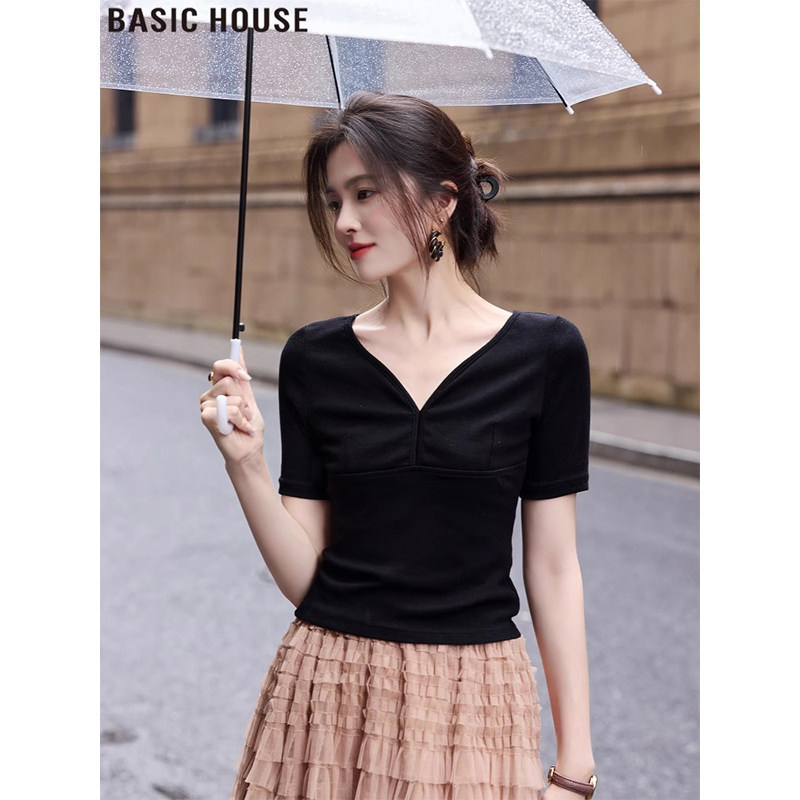 Basic House/Baijiahao Weekend Elastic V-Neck Thin Short-Sleeve T-Shirt Top for Women 2026 Summer New Style Basic House/Baijiahao Weekend Elastic V-Neck Thin Short-Sleeve T-Shirt Top for Women 2026 Summer New Style