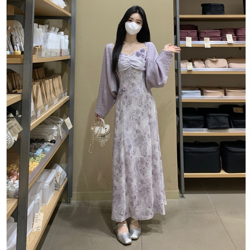 立体花朵紫色碎花裙肌理感外搭开衫2025秋胖mm超好看连衣裙两件套