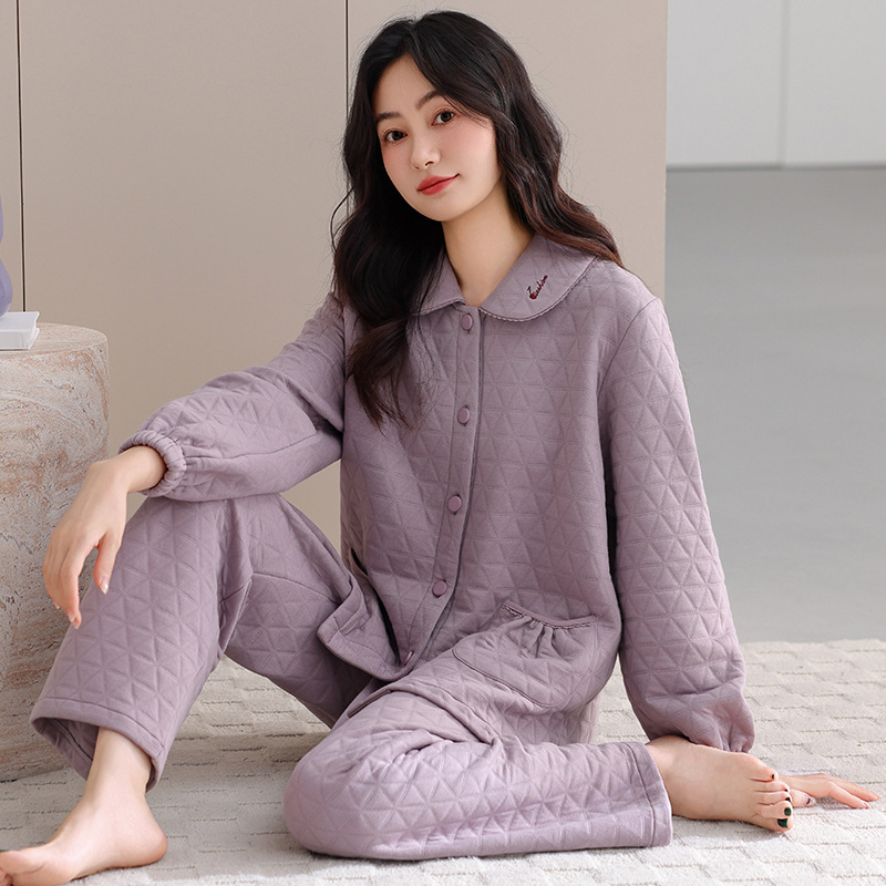 Layered Pure Cotton Pajamas for Women, Autumn and Winter Mom Style, Warm Air Cotton Quilted Large Size Winter Home Wear Set