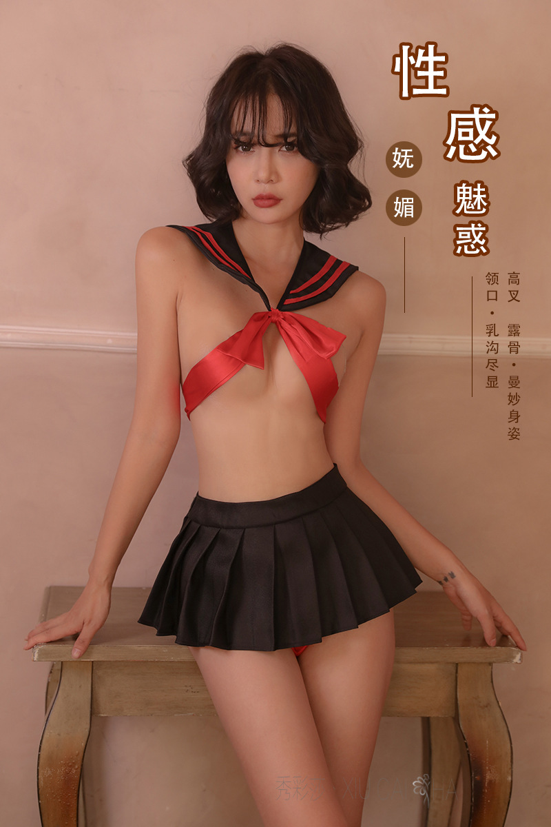 Sailor Student Roleplay Lingerie Set with Lace-Up Backless Top, Mini Skirt and Thong — detail image 1