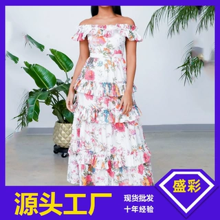 欧美2027夏新款女装圆领长袖印花荷叶边长款连衣裙时尚度假风裙女