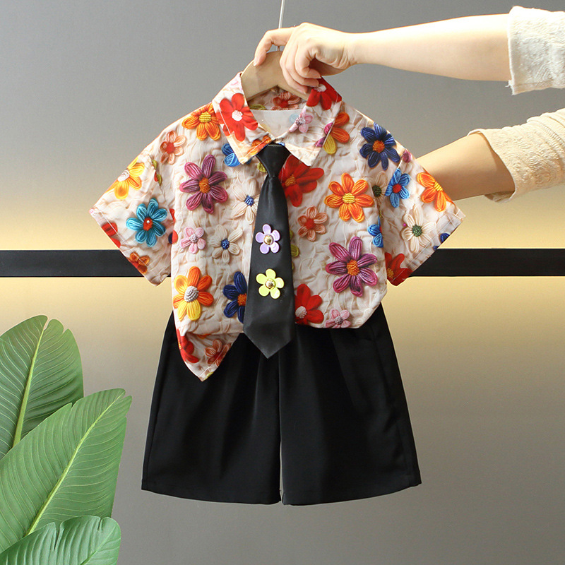 7957 Traje para niños 2025 verano nuevo estilo niño camisa de flores de moda coreana de manga corta ropa de verano de dos piezas
