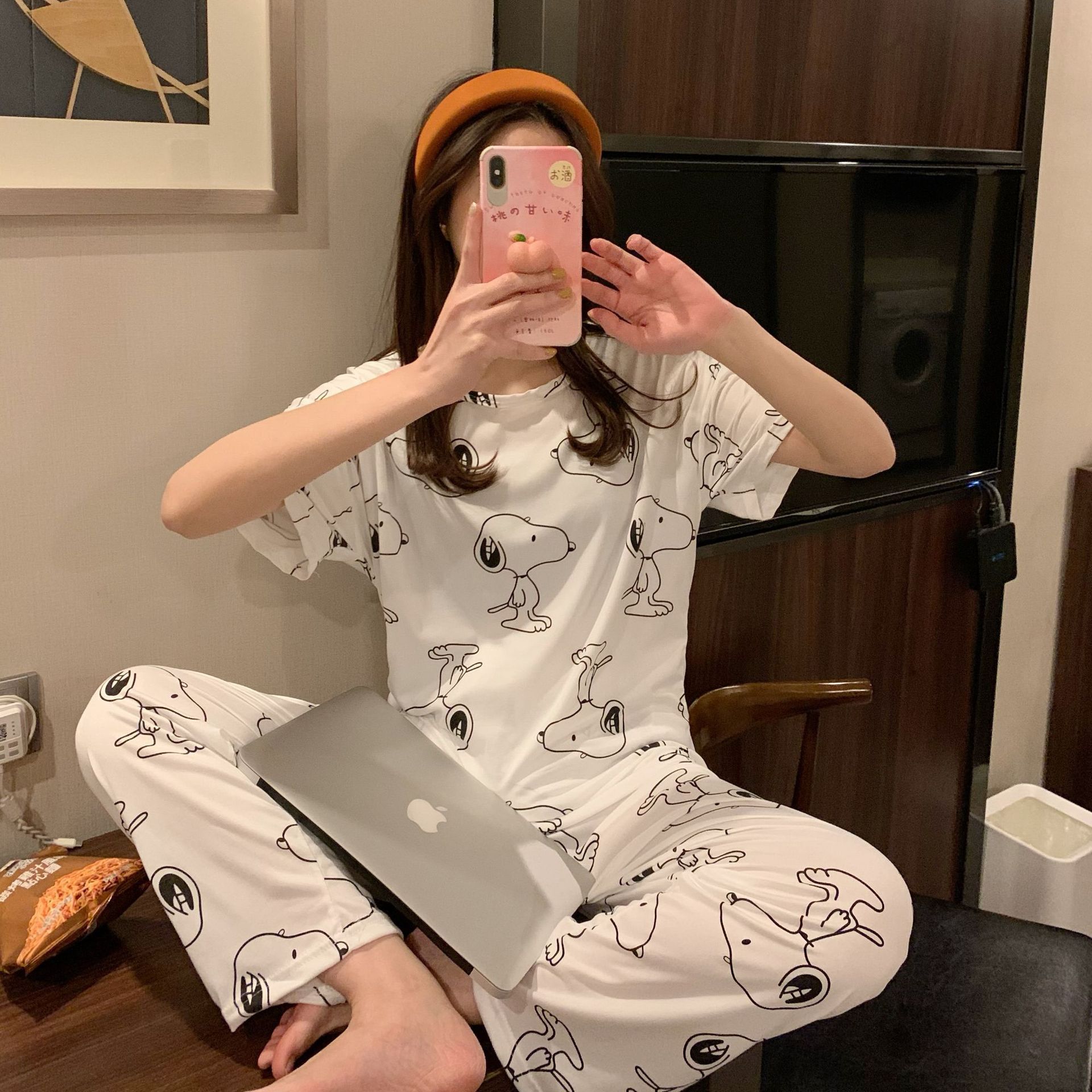 Pijamas para mujer, estilo coreano, de manga corta, con dibujos animados, pantalones largos, estilo fino, 2025, holgados, dulces, para primavera y otoño, conjunto para estar en casa.