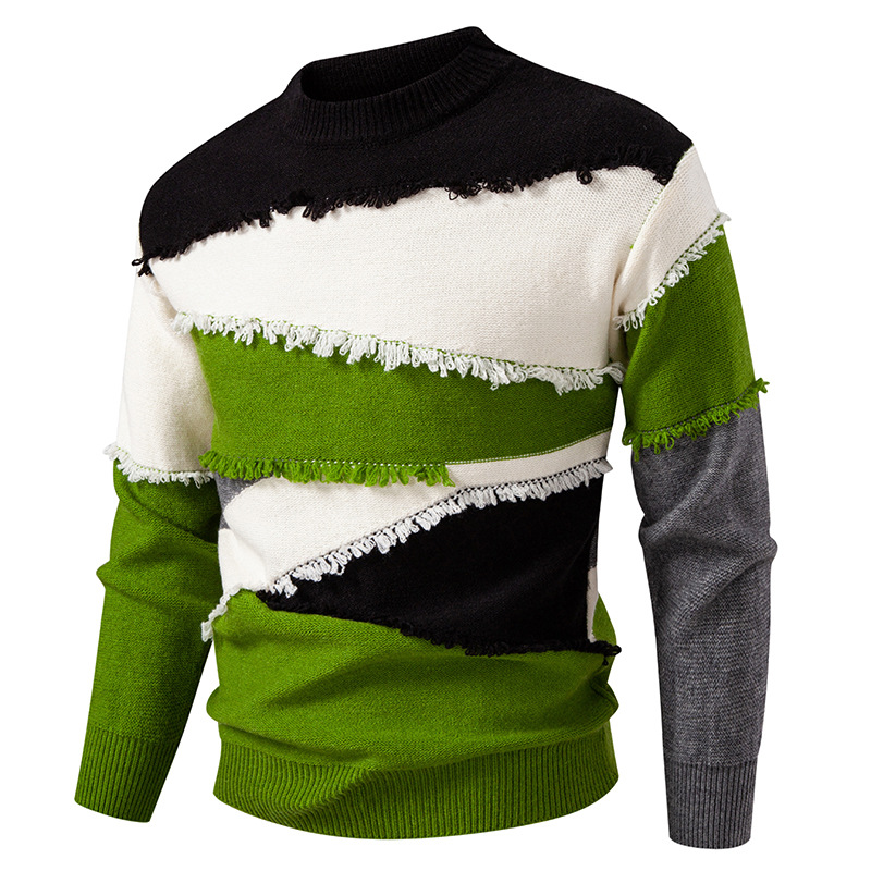 Pull en tricot tendance pour homme - Pull rétro oversize avec col ras du cou, manches longues et badge brodé (M-3XL, gris/rouge/moutarde/vert)_voghion.com