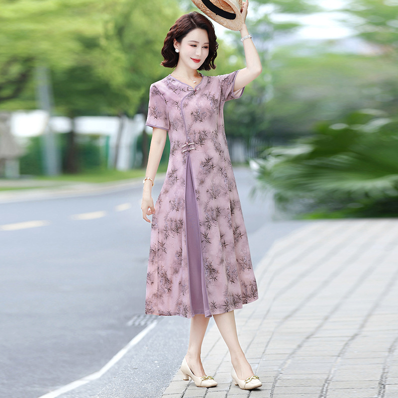 2025 新しい夏服中高年女性の国民風レトロドレス竹の葉プリント気質ママドレススカート|undefined