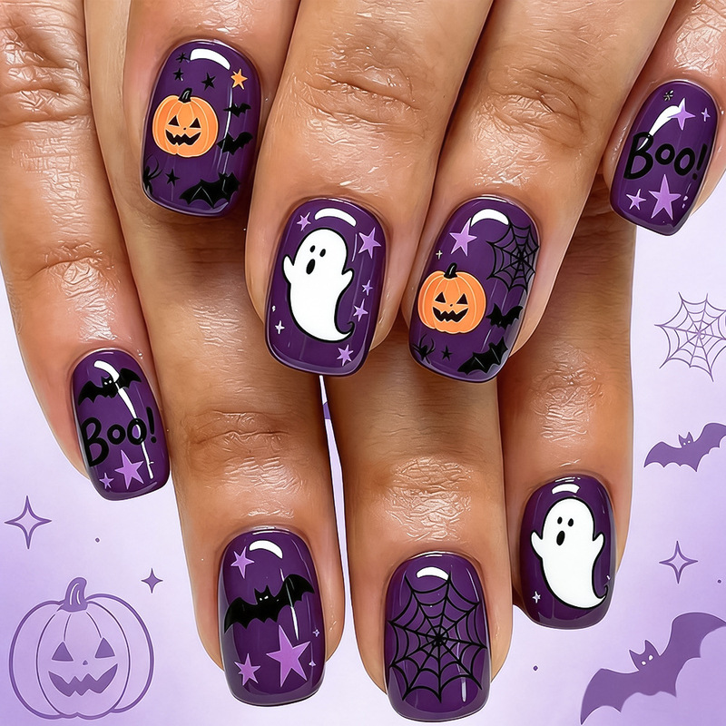 Halloween Wearable Nails with Ghost, Spider Web, and Pumpkin Designs, Sweet and Cool Personalized Nail Art, Removable Fake Nails, 24 Pieces