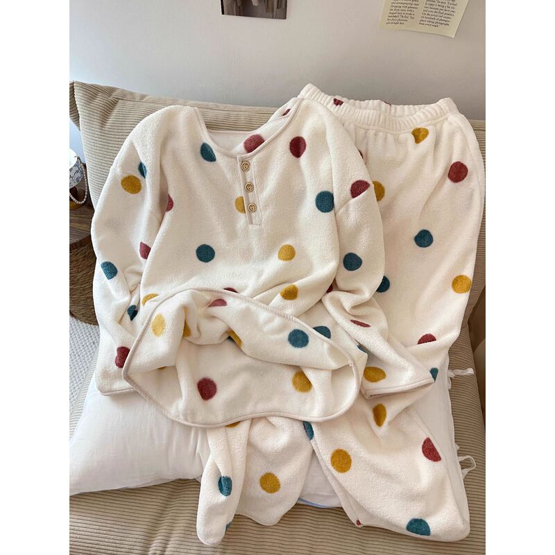 法兰绒睡衣女秋冬季加绒加厚波点套装可外穿珊瑚绒家居服大码冬款|undefined
