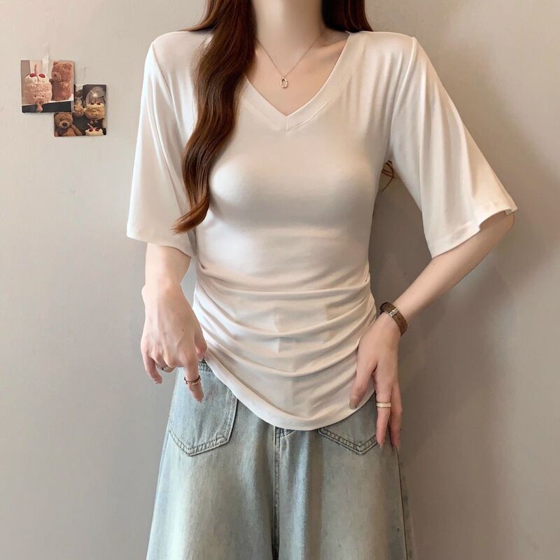莫代尔V领短袖t恤女2025夏季纯欲风高级感宽松显瘦内搭打底衫上衣|undefined