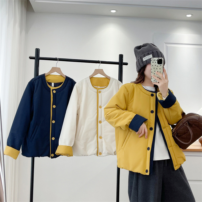 Plus-Size Cotton Jacket with Contrasting Colors, Round Neck, Autumn and Winter 2025, Fashionable Korean Style, Niche 2590