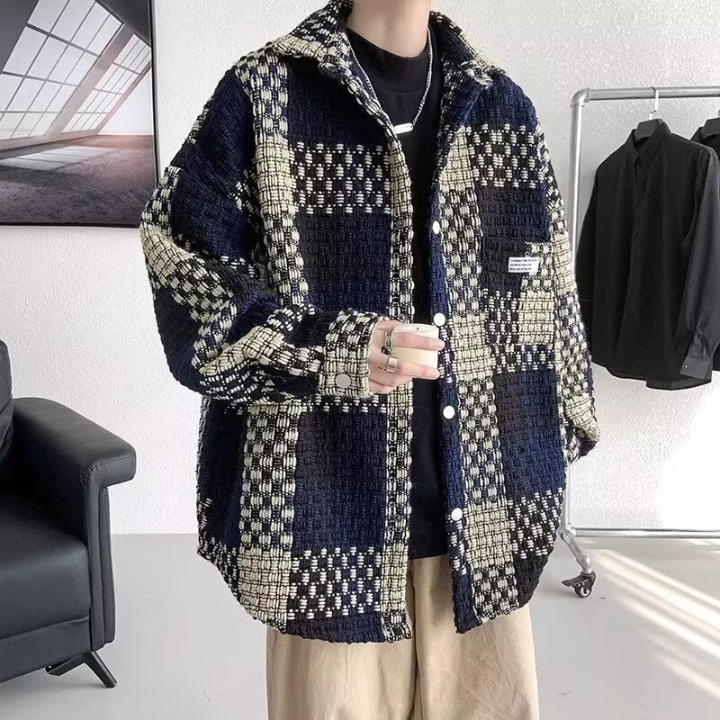 秋冬新款潮牌小香风外套男士格子夹克韩版撞色宽松情侣翻领上衣服|undefined