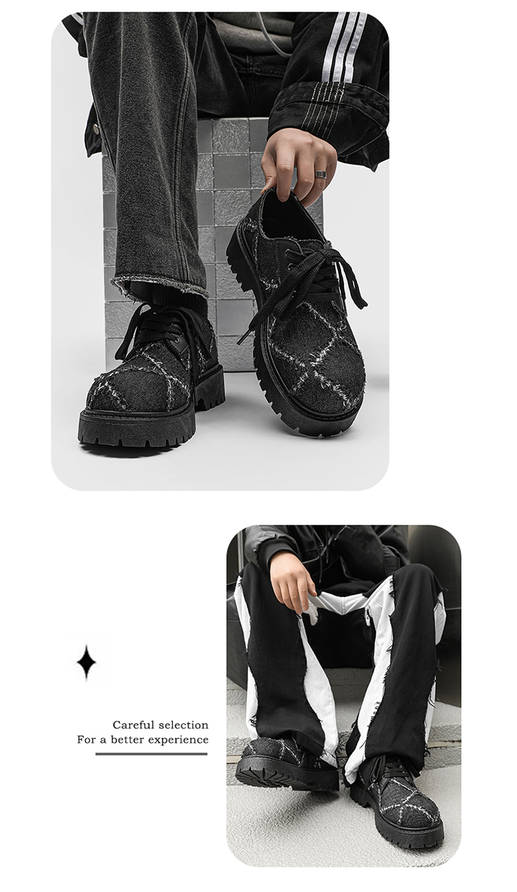 Baskets ShoeVault pour homme, collection automne, en toile noire délavée, semelle épaisse rehaussante, style derby décontracté._voghion.com