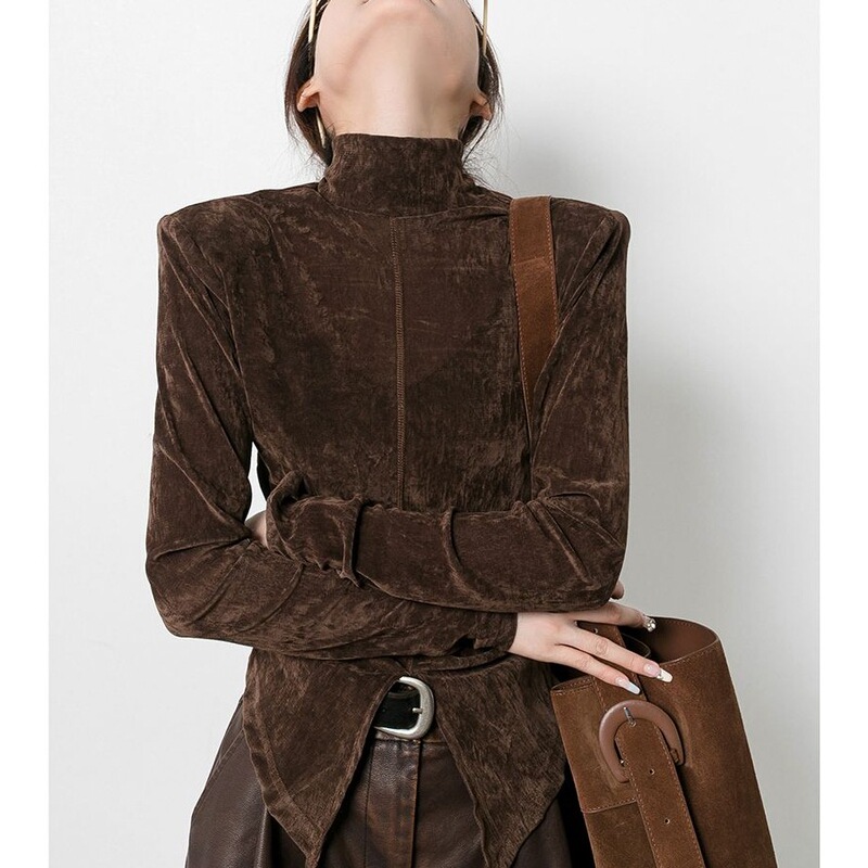 Trendy Slim-Fit Slit Hem Melard Brown Semi-High Collar Flocked Top for Women, New Fall 2026 Base Shirt