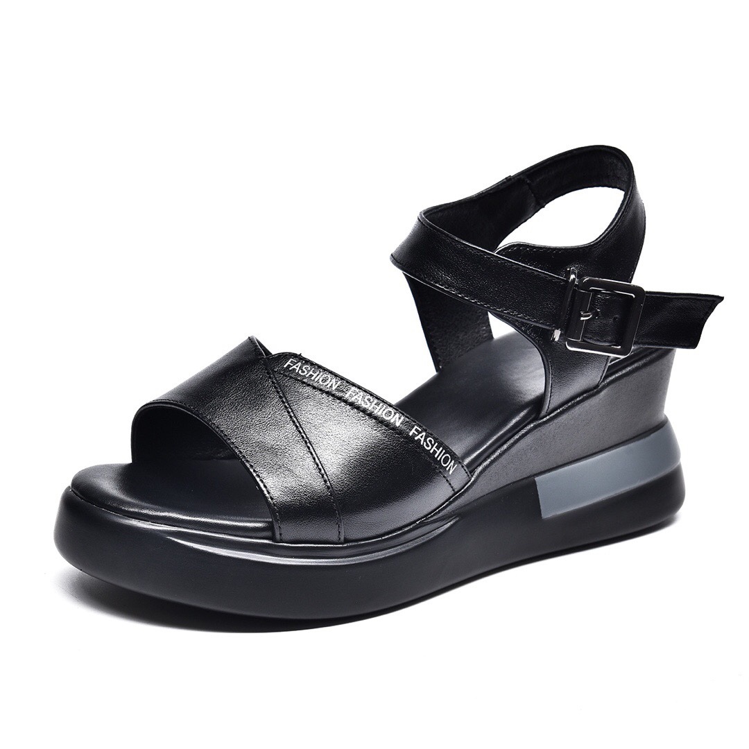 Giày sandal đế xuồng da thật quai đơn thời trang — Màu đen (Da bò lớp đầu tiên)