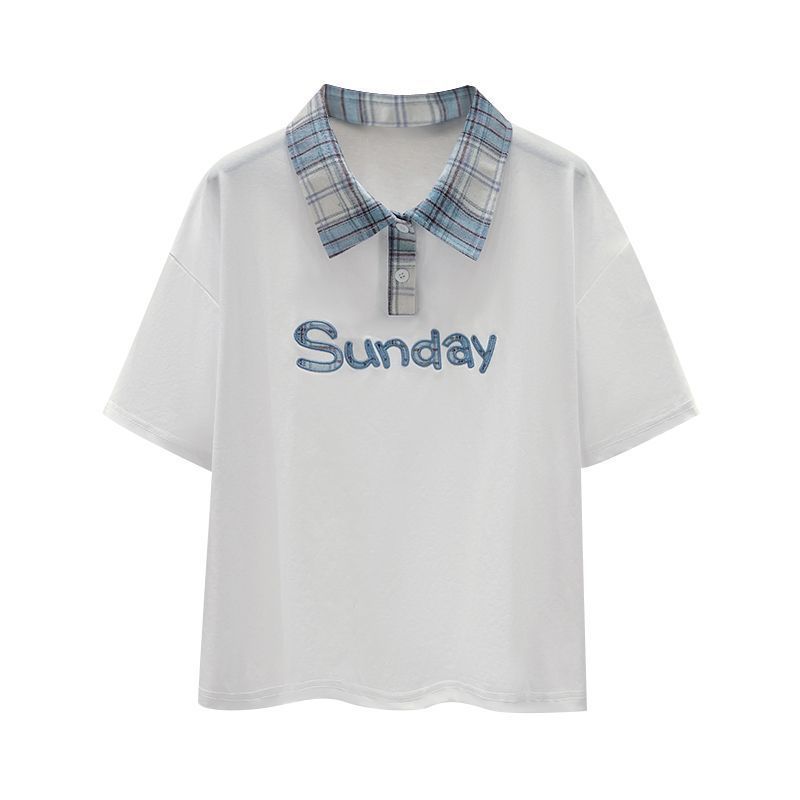 Korean Style Women's Loose Short-Sleeved POLO Top With Bow Tie Plaid Patchwork Stylish Archer0603 Suit Jeans_ecoleips.com