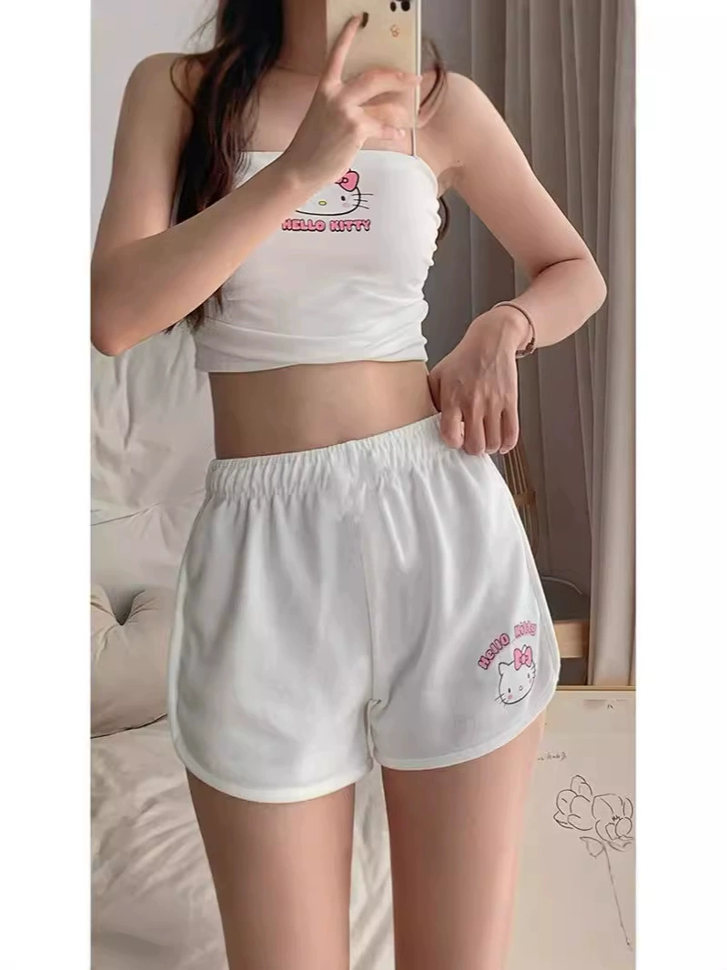 2024 новый летний женский костюм HelloKitty, милые и милые универсальные трехточечные шорты с короткими рукавами и мультяшным принтом