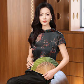 妈妈气质夏装年轻改良旗袍上衣新中式修身显瘦香云纱印花短袖t恤