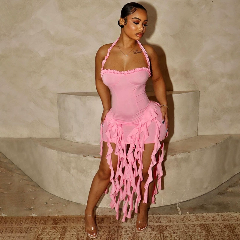 Оптовая продажа модных женских сексуальных платьев без рукавов и спинки с асимметричным подолом, хитов продаж в Европе и Америке 2025 года.