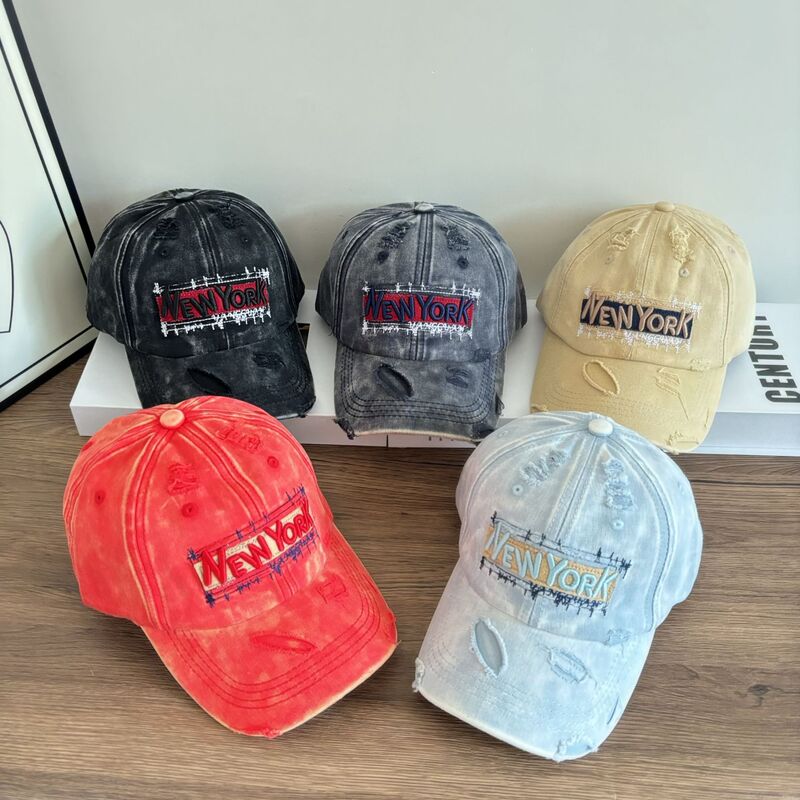韓国風ファッションパッチ刺繍リッピングウォッシュデニム野球帽男性と女性用、カジュアルな顔見せの小さなひさし帽子|undefined