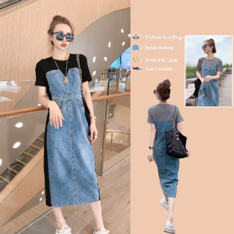 European Fake Two-piece Casual Slimming Elegant Denim Stitching Dress Women's Summer New Design Short-sleeved Long Dress European Fake Two-piece Casual Slimming Elegant Denim Stitching Dress Women's Summer New Design Short-sleeved Long Dress