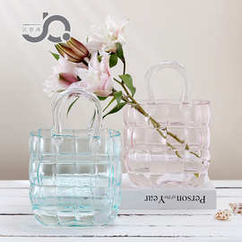 原创北欧ins风手提包包玻璃花瓶设计师网红方格水培鲜花花篮养鱼
