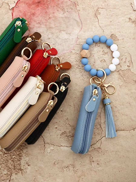 Macaron Leather Pendant Silicone Bead Bracelet Coin Purse Car Keychain Lipstick Bag Women's Keychain Bag Cross-Border
