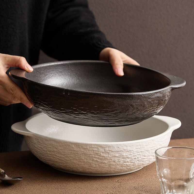 Ceramic double-handled soup bowl for home use, 2026 new model, large soup basin, creative stone-patterned sauerkraut fish bowl, Japanese-style deep bowl Ceramic double-handled soup bowl for home use, 2026 new model, large soup basin, creative stone-patterned sauerkraut fish bowl, Japanese-style deep bowl
