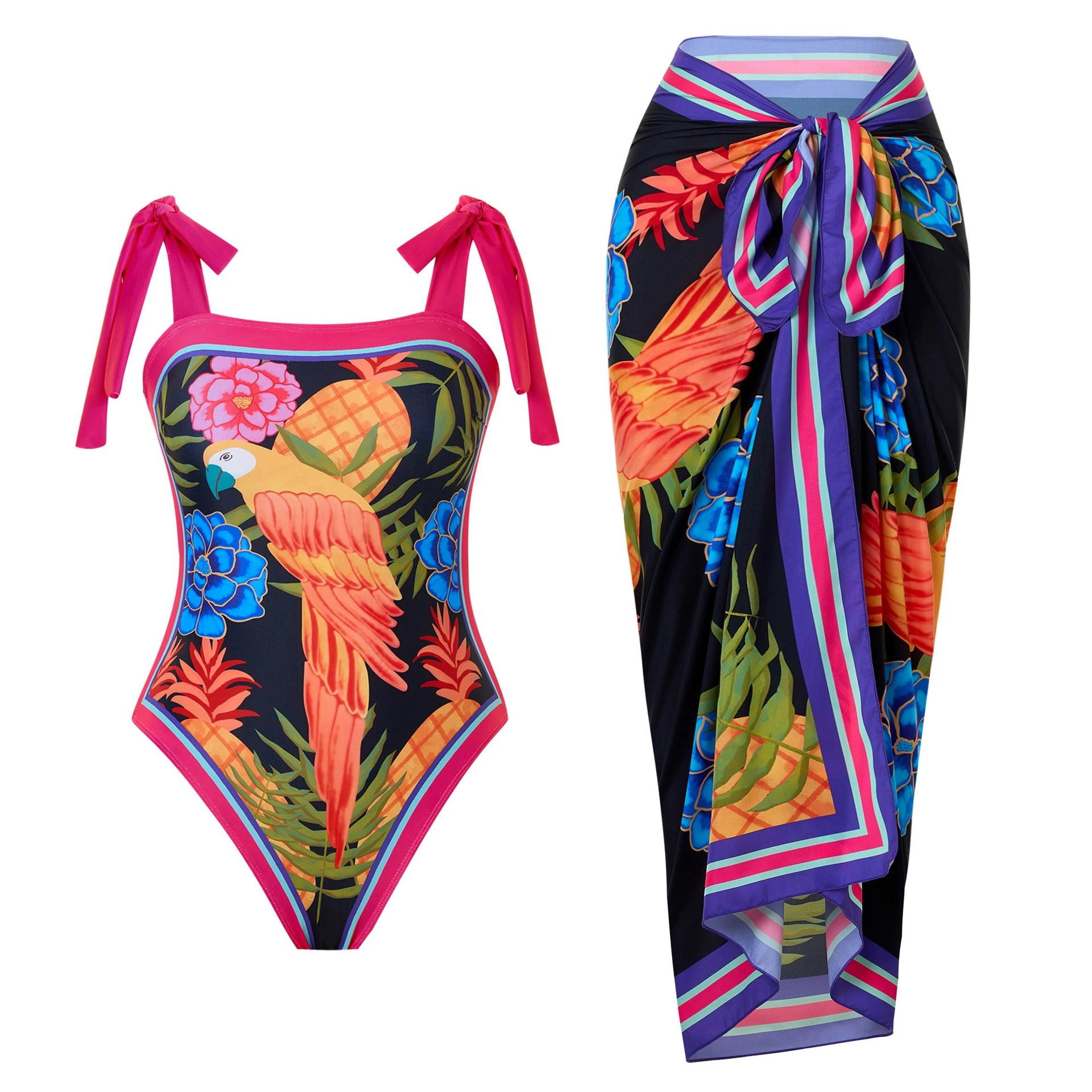 One-Piece Swimsuit (Qiao Jiayuan) 2025 Retro Style with Wrap Skirt, Crane Print, S–XL & One Size