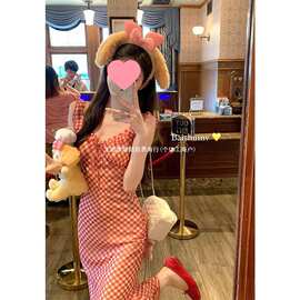 【原版做法＋内里】甜美法式红色格子吊带连衣裙子女度假风鱼尾长