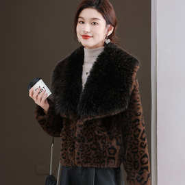 秋冬新款欧貂绒皮毛一体外套女短款毛领豹纹仿水貂毛仿皮草夹克长