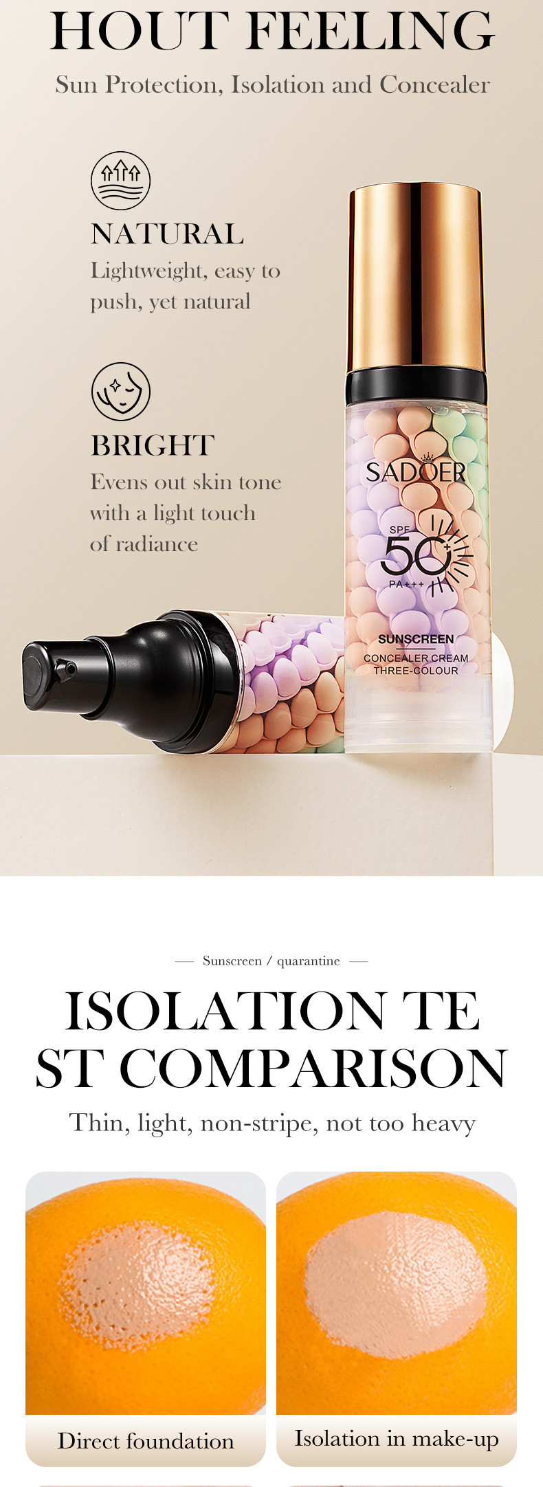Cross-border foreign trade SADOER three-color sun protection cream uniform skin color before makeup base isolation protective cream