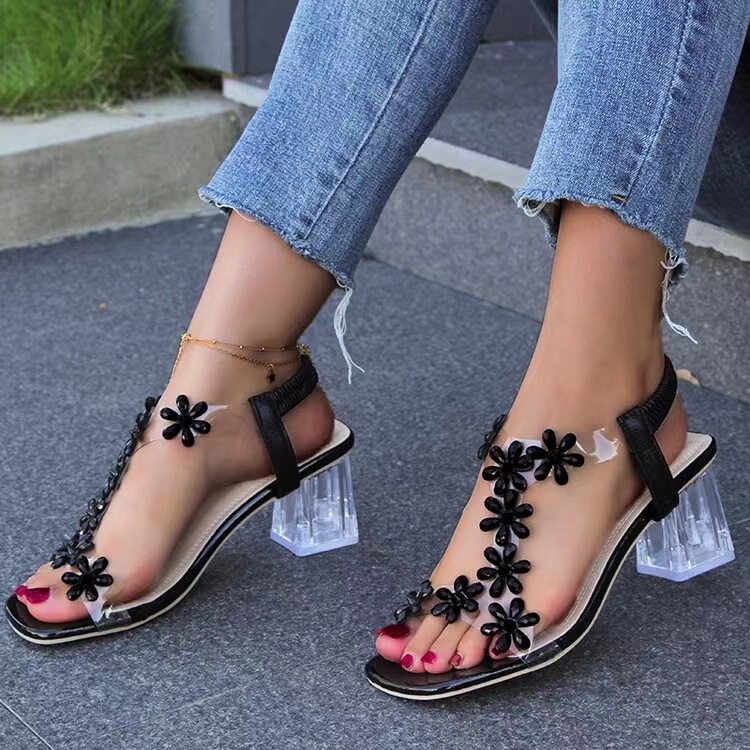 Plus Size Women's Sandals New Crystal Thick Heel Fashion Medium Heel Transparent High Heels Support Temu/Shein Dropshipping