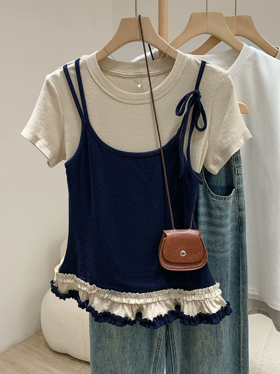 Шикарная дизайнерская женская футболка из двух частей с круглым вырезом и короткими рукавами на весну и лето, с красивыми многослойными внутренними топами и подолами с ушками.