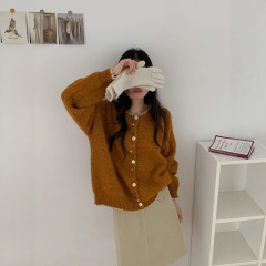 韩系清新彩扣设计感圆领针织开衫女新款撞色花边宽松减龄毛衣外套