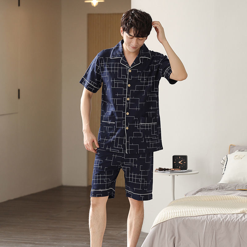 Pijamas de hombre ropa de verano 100% algodón pantalones de manga corta chaqueta juvenil traje de homewear delgado de mediana edad
